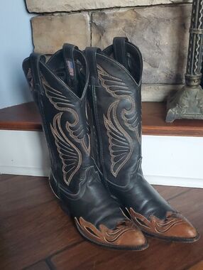Classic Black With Brown Embroidery Western Cowboy Boots - 6 1/2 M